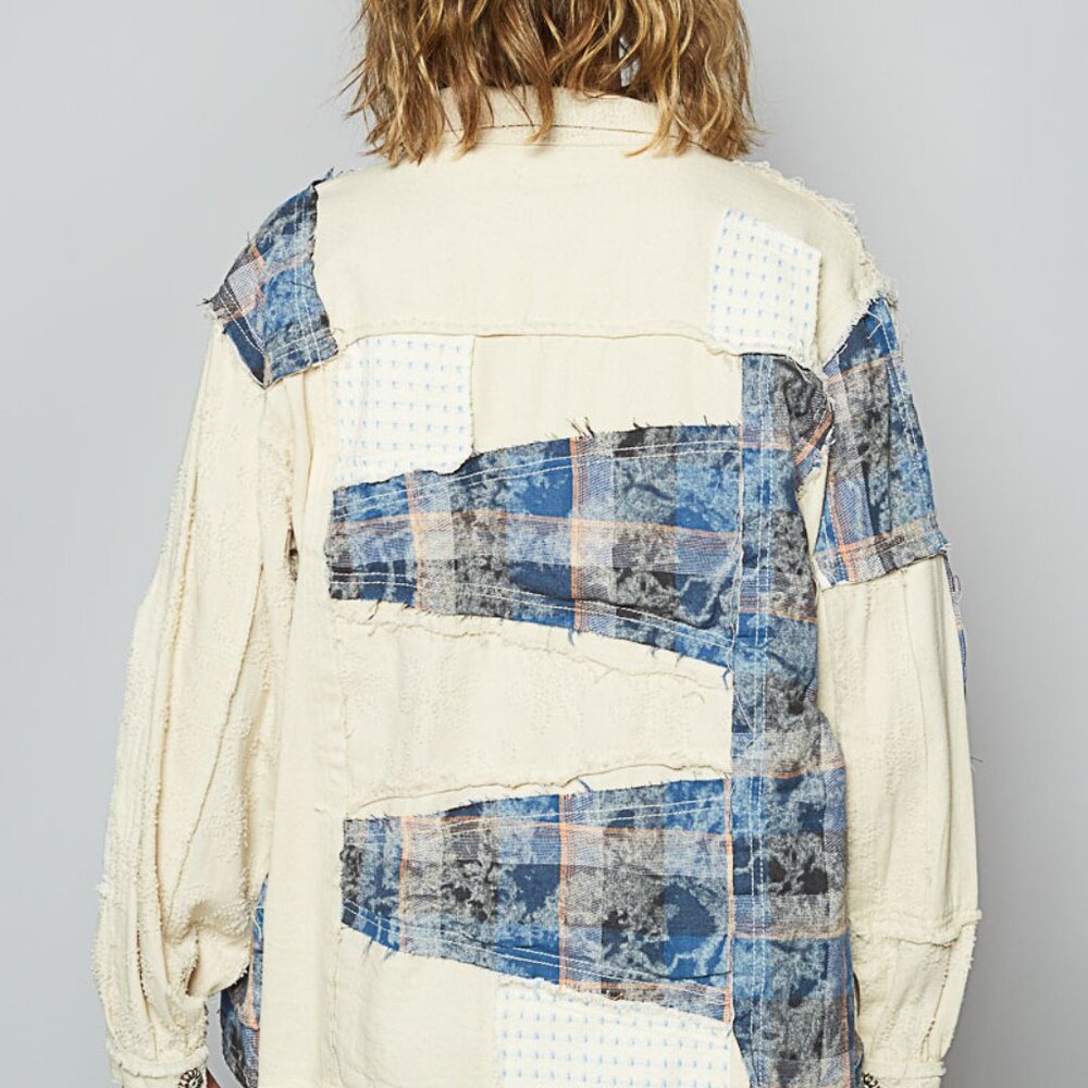 POL Jacket  Shacket in Twill and Plaid Mix Fabric Cream/Navy NWT - Picture 2 of 3